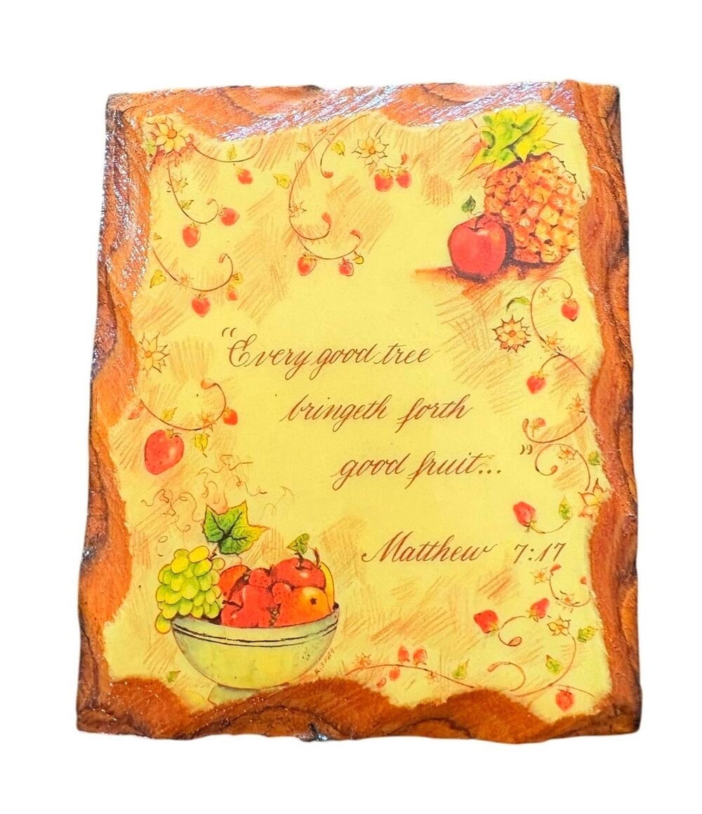 Vintage Rustic Bark Edge Wood Plaque Matthew 7:17 Bible Verse Fruit Wall Decor